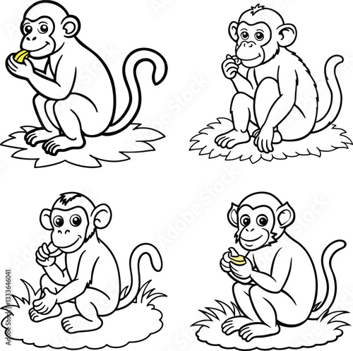 Cute and Funny Cartoon monkey Set line art coloring page 
