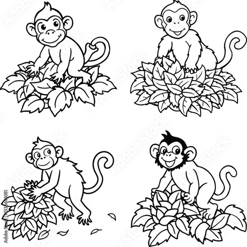 Cute and Funny Cartoon monkey Set line art coloring page 
