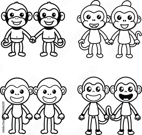 Cute and Funny Cartoon monkey Set line art coloring page 
