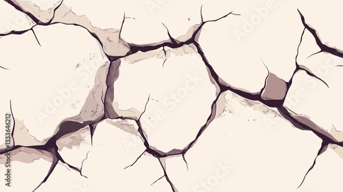 A seamless texture depicting a cracked earth surface. The image features a pattern of polygonal cracks in off-white and pale beige tones, with darker brown lines accentuating the fissures. The
