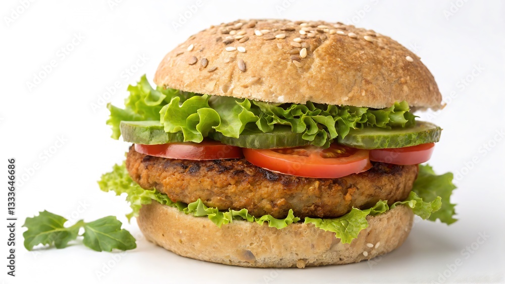 Vegan Plant-Based Burger with Lettuce, Tomato, and Whole Grain Bun, Isolated on a White Background, High-Quality Alternative Food Stock Image showcasing a healthy meat-free alternative. Vegan Plant-Based Burger with Lettuce, Tomato, and Whole Grain Bun, Isolated on a White Background, High-Quality Alternative Food Stock Image showcasing a healthy meat-free alternative.