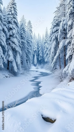 A blanket of fresh snow covers the trees and forest floor, frozen lakes, snow-covered ground