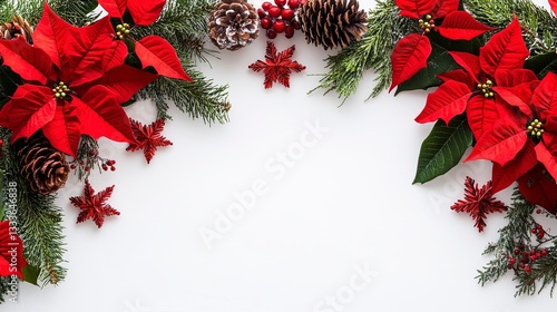 Christmas Decoration Idea: Red Poinsettia Flowers, Pine Cones, and Greenery Border on White Background with Copy Space