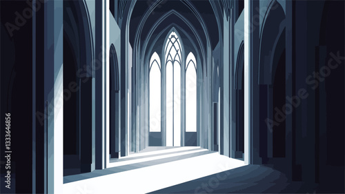The image is a digital rendering depicting the interior of a gothic cathedral.  The perspective is from the nave looking towards a large window at the far end. The architecture features tall,