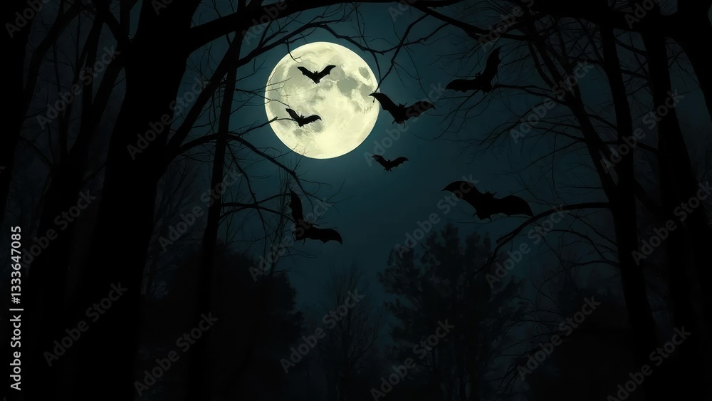 Fototapeta premium A dark forest with a full moon and hanging bats, Bats, Shadows
