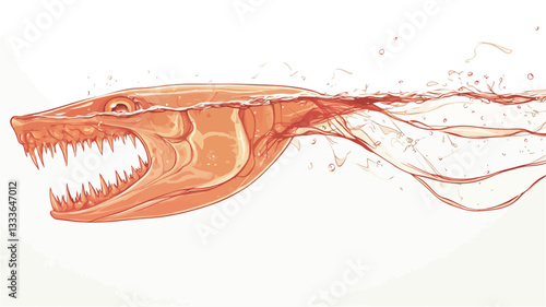 An illustration depicting a stylized shark's head and upper body in shades of orange and red. The shark is rendered in a semi-transparent style, with lines suggesting movement and water flowing