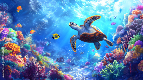 Majestic Sea Turtle Gliding Through a Vibrant Coral Reef Underwater. A beautifully detailed sea turtle swims gracefully through a colorful coral reef