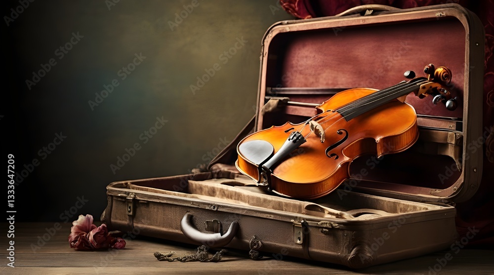 Antique violin resting in open vintage case against.generative.ai