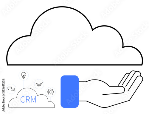 Hand below cloud highlights CRM and tech icons, emphasizing data management, support, and technology. Ideal for IT services, innovation, cloud storage, business tools, digital platforms user