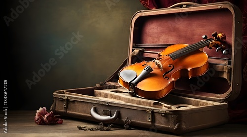 Antique violin resting in open vintage case against.generative.ai