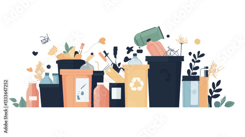 A digital illustration depicting a row of various containers for waste sorting and recycling.  The containers are stylized and simplified, featuring a mix of colors and shapes. Items such as
