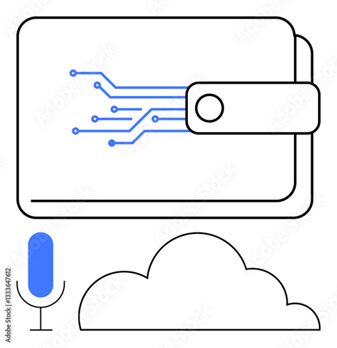 Digital wallet with electronic circuit lines, cloud graphic symbolizing storage, and blue microphone icon for voice interaction. Ideal for technology, finance, security, digital innovation, cloud