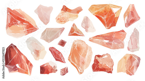 An illustration depicting a collection of various orange and pink crystals of different shapes and sizes. The crystals are rendered in a watercolor style, showcasing variations in color intensity