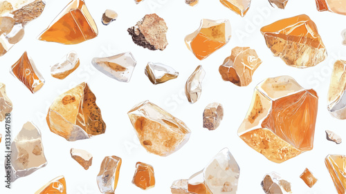 A repeating seamless pattern featuring watercolor-style illustrations of irregularly shaped amber fragments. The pieces vary in size, shape, and shade of yellow and orange, exhibiting a translucent