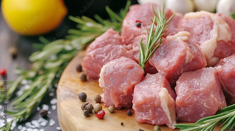 Raw Beef Cubes Rosemary Pepper Seasoning Cooking Raw Beef Cubes Rosemary Pepper Seasoning Cooking