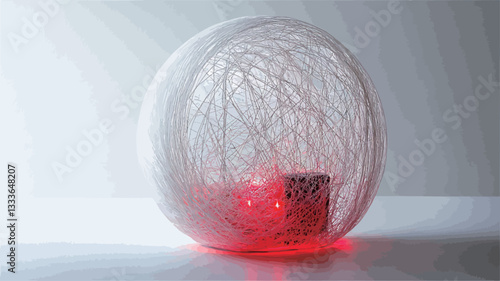 Close-up studio shot of a translucent white sphere, appearing to be made of frosted glass or a similar material.  The sphere is illuminated from within by a small, bright red light source, which is