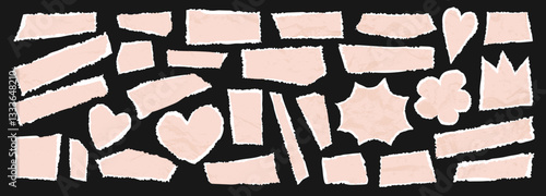 Torn edge paper set. Vector romantic ripped papers. Distressed edge grungy frame headline stickers. Irregular square, rectangular, crown and heart shape collage pieces. Rough crumpled tear bubbles