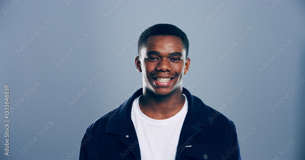 Obraz premium Portrait, space and student with black man in studio for development, education or learning. College, scholarship or university with confident person on gray background mockup for academic curriculum