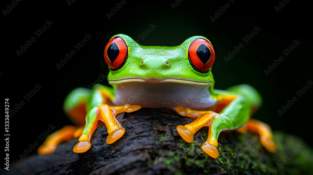 Fototapeta premium Close Up Vibrant Red Eyed Tree Frog on Dark Background