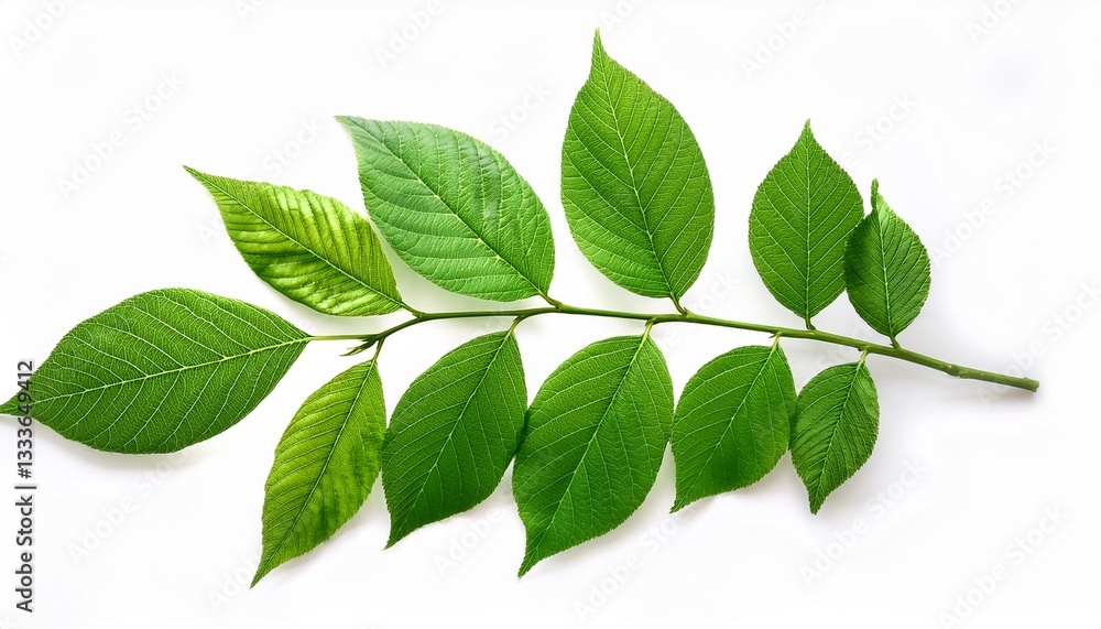 Fototapeta premium vibrant green tree branch with detailed leaves isolated on white background