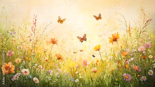 Sunny Wildflower Meadow with Butterflies and Bees in Bloom. A vibrant field of wildflowers with fluttering butterflies and buzzing bees under golden sunlight