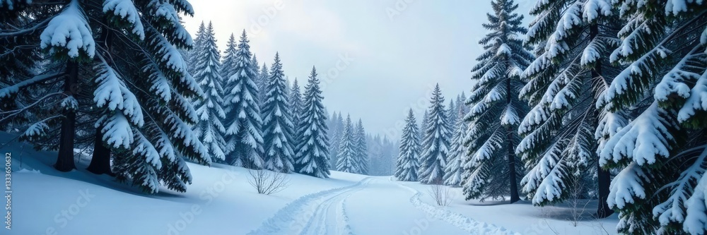 Naklejka premium Dense forest landscape with snow-covered trees, nature, winter, forest