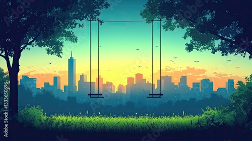 Cityscape sunset, park swing set, tranquil scene, idyllic background, nature