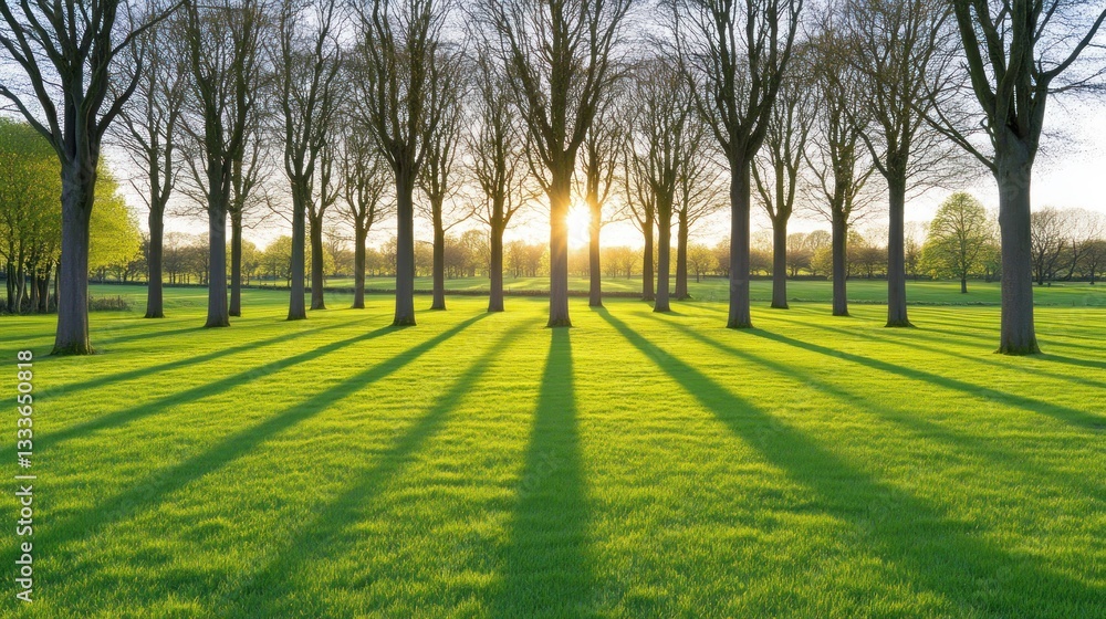 Sunset shadows across a tree-lined park lawn Sunset shadows across a tree-lined park lawn