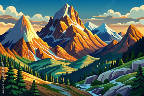 alp mountain landscape with grass and pine trees abstract cartoon
