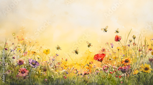 Blooming Wildflower Meadow with Bees Pollinating Under Golden Sunlight. A picturesque wildflower meadow with buzzing bees collecting nectar under warm, golden sunlight