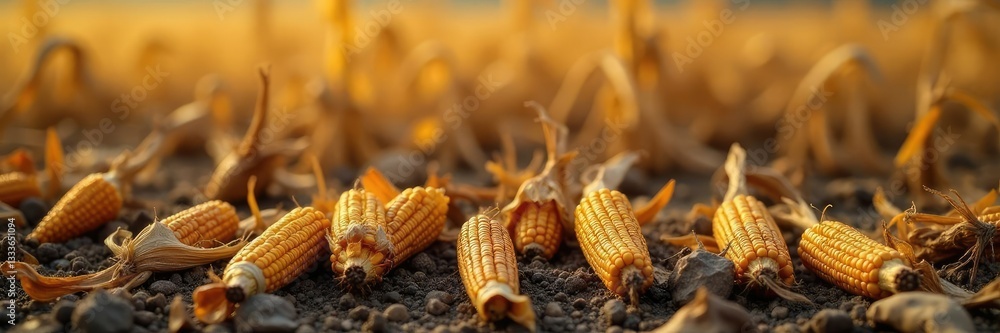 Desiccated corn stalks withered on the ground, corn blight, fungal infection, plant death Desiccated corn stalks withered on the ground, corn blight, fungal infection, plant death