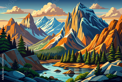 alp mountain landscape with river and trees abstract cartoon
