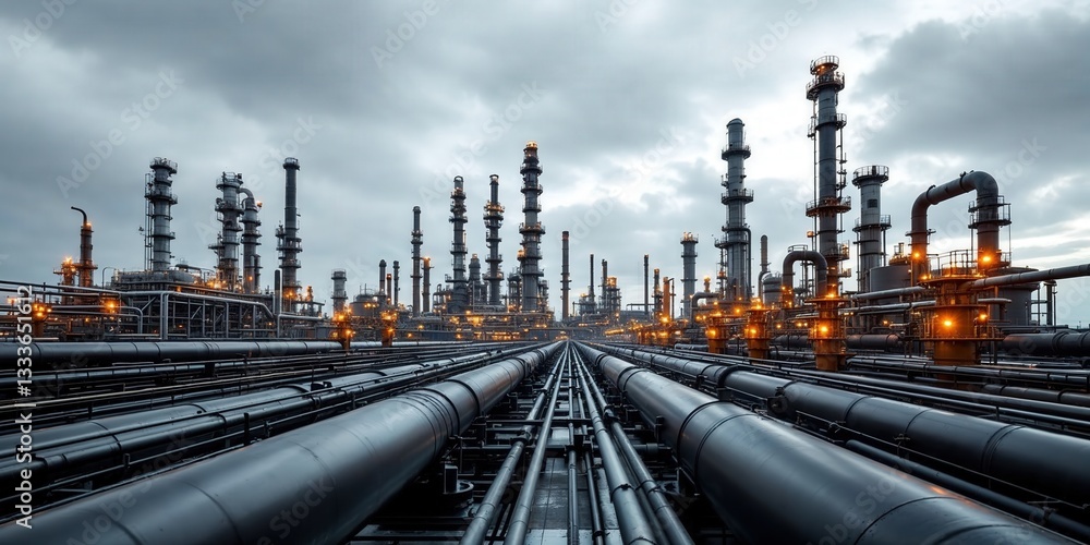 Extensive industrial refinery plant with network of metal pipelines Extensive industrial refinery plant with network of metal pipelines