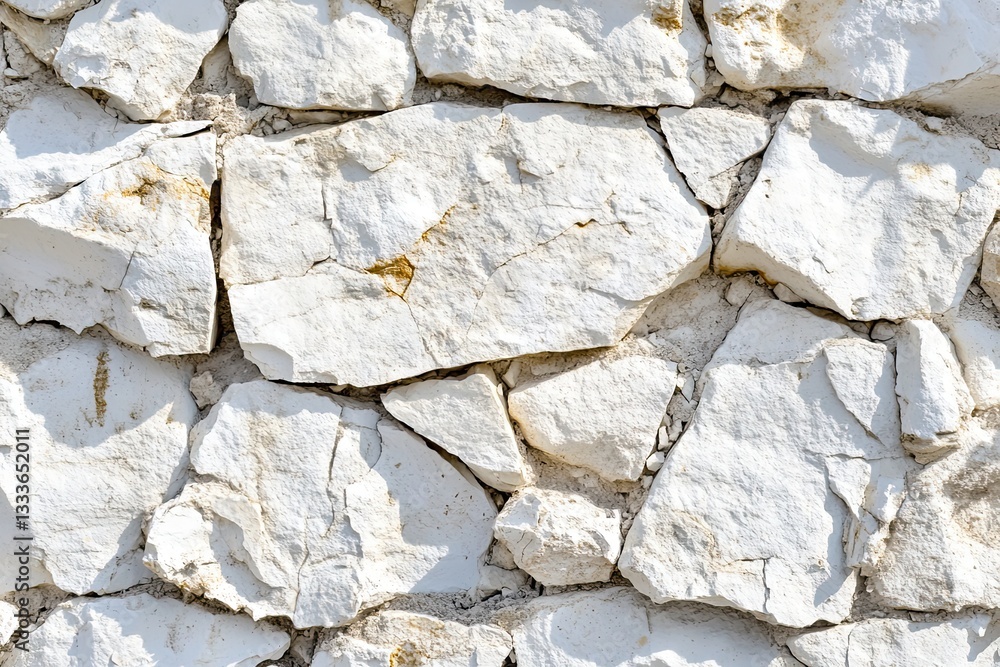 Fototapeta premium White limestone stone wall with natural broken edges debris pieces for background