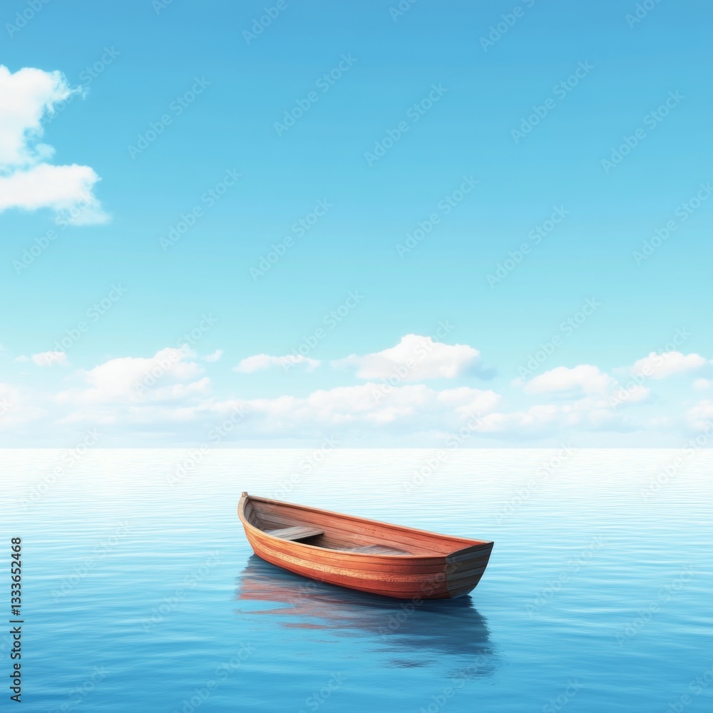 Empty wooden boat on calm ocean, serene sky Empty wooden boat on calm ocean, serene sky