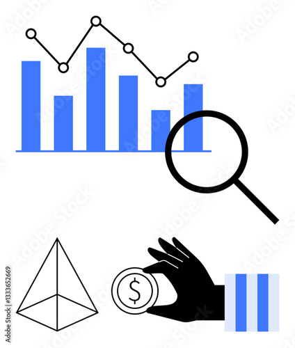 Bar chart with data points, magnifying glass emphasizing analysis, hand holding coin for finance, geometric pyramid symbolizing structure. Ideal for business, finance, growth, analysis, strategy