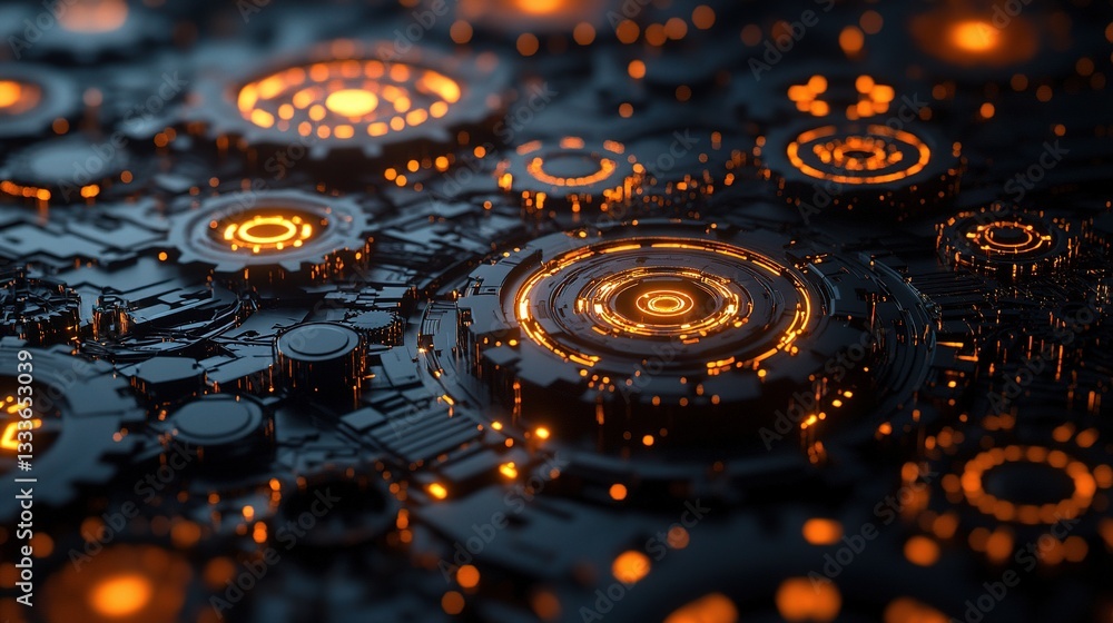 Futuristic Digital Gears and Circuits on a Dark Background Futuristic Digital Gears and Circuits on a Dark Background