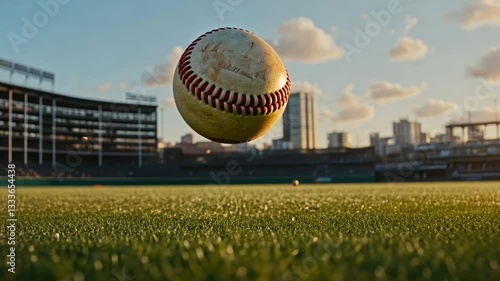 Baseball Suspended in Mid-Air above Green Grassy Field