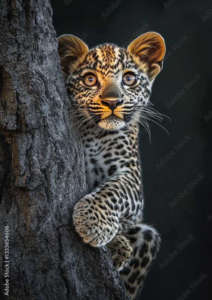 Naklejka premium Adorable young leopard cub peering from behind a rugged tree trunk with bright eyes and unique spotted fur in a natural environment