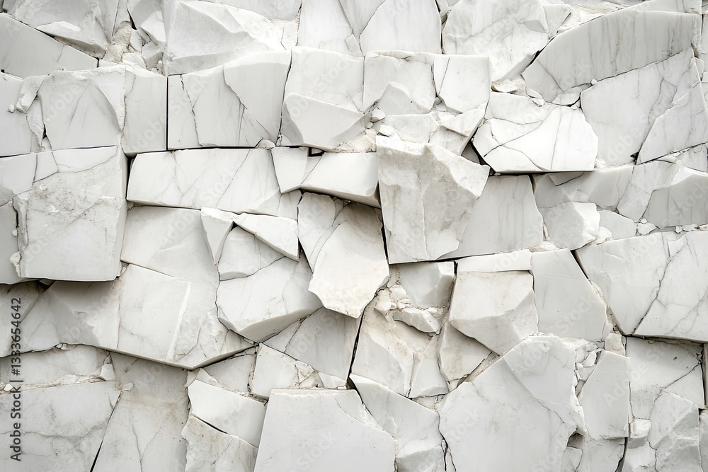 Obraz premium White quartzite stone wall with fragmented edges, scattered debris slabs for product setup