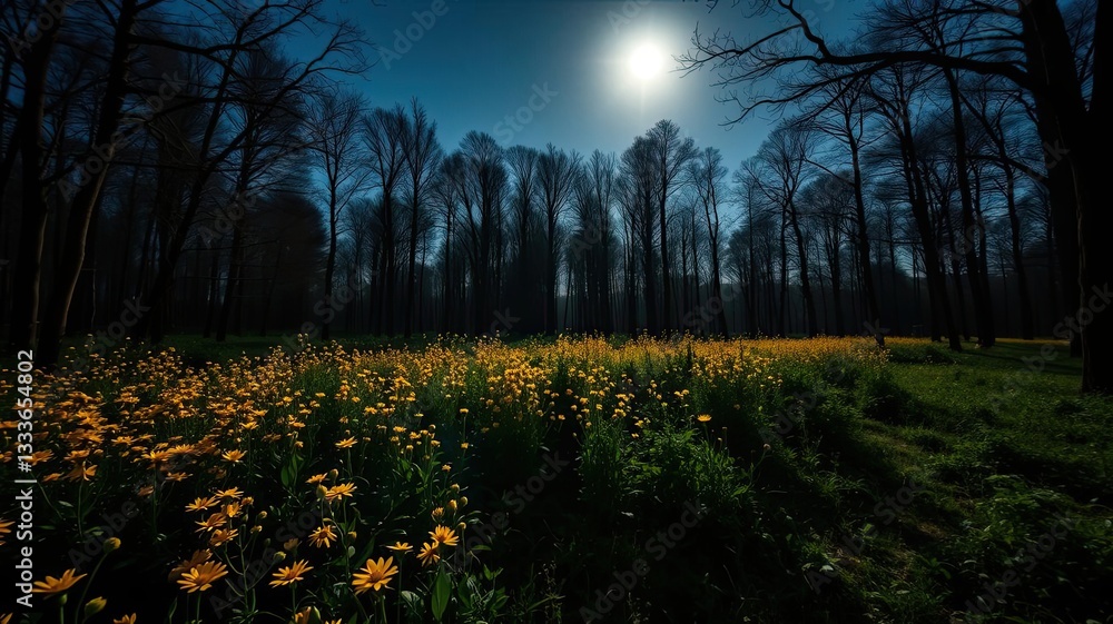 Obraz premium Moonlit Forest Meadow Night Blooming Yellow Flowers Trees Nature
