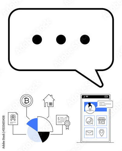 Speech bubble with ellipsis, smartphone interface, pie chart linking to home, Bitcoin, certificate. Ideal for fintech, communication, mobile apps, data analysis digital economy business