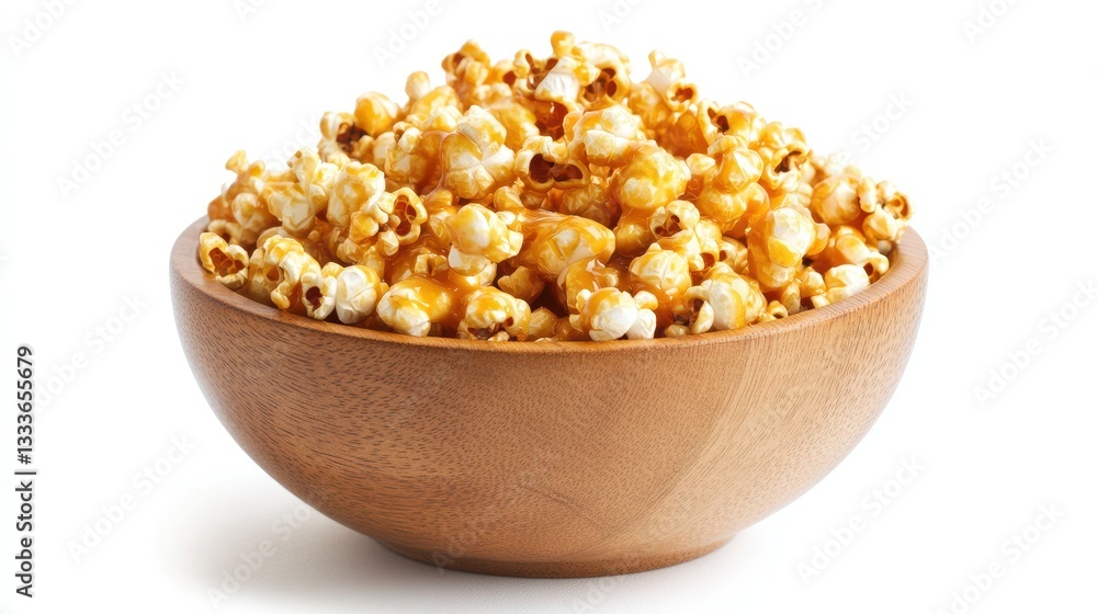Caramel popcorn is arranged in a wooden bowl, isolated on a white background. Caramel popcorn is arranged in a wooden bowl, isolated on a white background.
