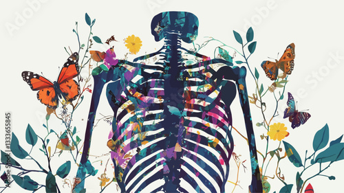 The image is a stylized illustration depicting a human skeleton overlaid with colorful floral elements and butterflies. The skeleton is rendered in shades of dark blue, providing a stark contrast