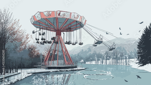 The image depicts a digital painting or illustration of an abandoned carousel in a winter setting.  The carousel is centrally located and appears weathered, with muted, faded colors of red and