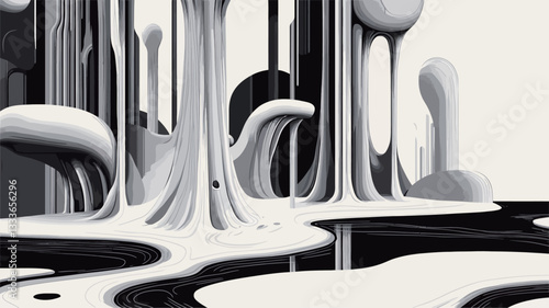 The image presents an abstract composition featuring flowing, organic forms rendered in grayscale.  The forms resemble viscous liquids or melting substances, exhibiting a variety of shapes and