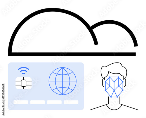 Cloud icon, contactless smart card, facial recognition overlay on user. Ideal for identity verification, cybersecurity, technology, biometrics, digital access secure payment data storage. Flat