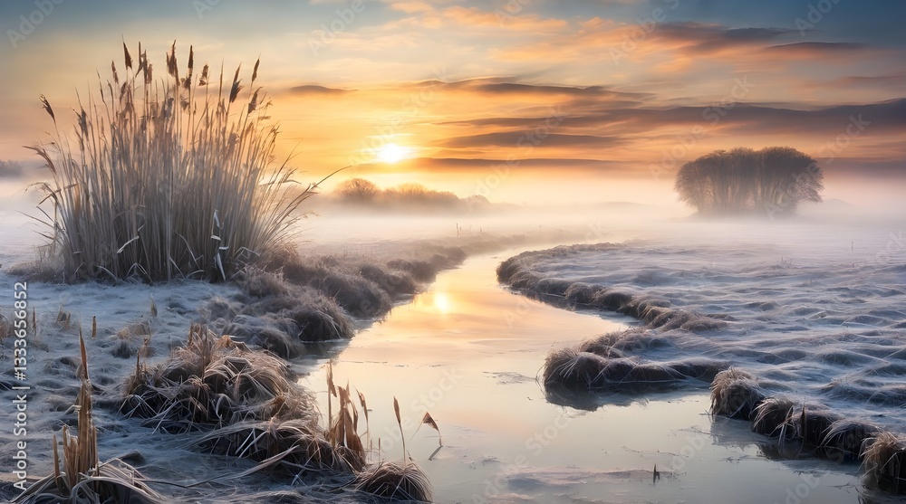 Frozen reeds reflecting stunning winter.generative.ai