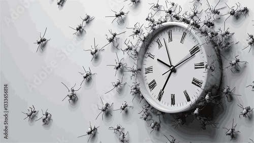 A high-angle, close-up, monochrome photograph depicts numerous ants surrounding a round analog clock. The ants are small, detailed, and appear to be moving. The clock has a white face with black
