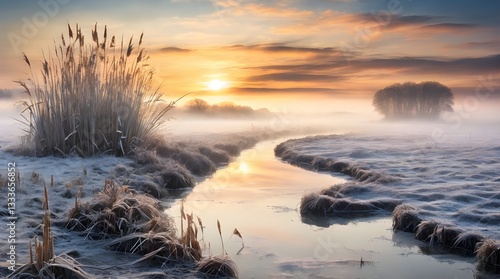 Frozen reeds reflecting stunning winter.generative.ai